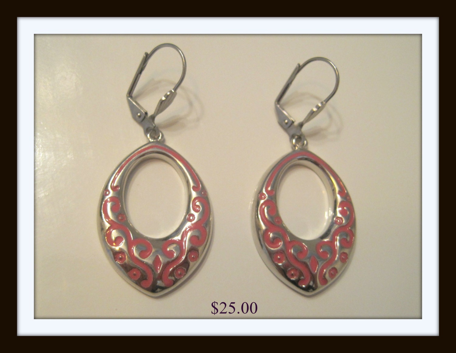 Moroccan style silver with salmon pink enamel accent Earrings
