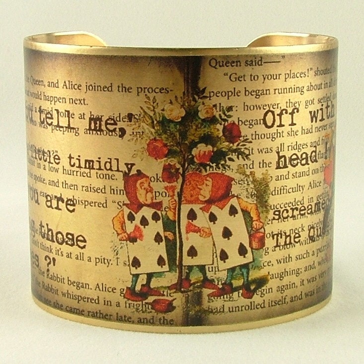 Literary Brass Cuff Bracelet with Alice In Wonderland The Queen's Croquet-Ground