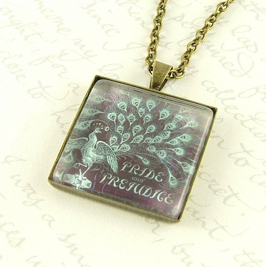 Pride and Prejudice Jewelry - Peacock Book Cover Art - Jane Austen Necklace Pendant - Duck Egg Blue