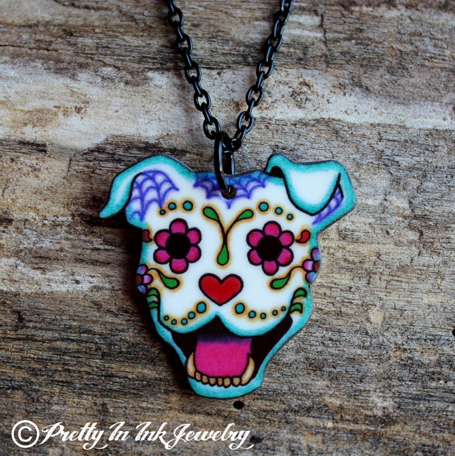 THE ORIGINAL Smiling Sugar Skull Pit Bull Necklace - 5 dollars from Every necklace sold will go to Villalobos