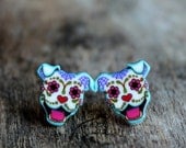THE ORIGINAL Dia de los Muertos Sugar Skull Smiling Pit Bull Post Earrings   2 dollars from each pair will go to Villalobos Rescue Center