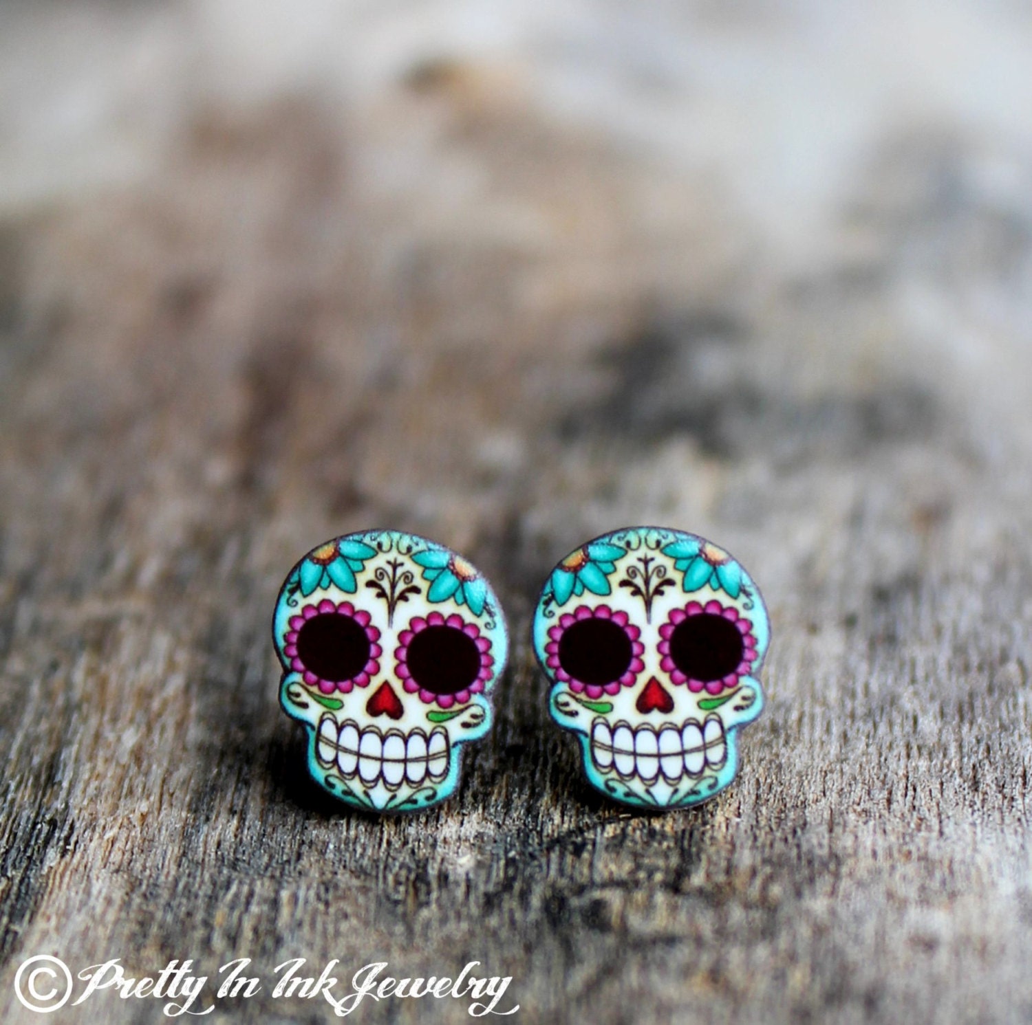 Sugar Skull and Daisies Post Earrings