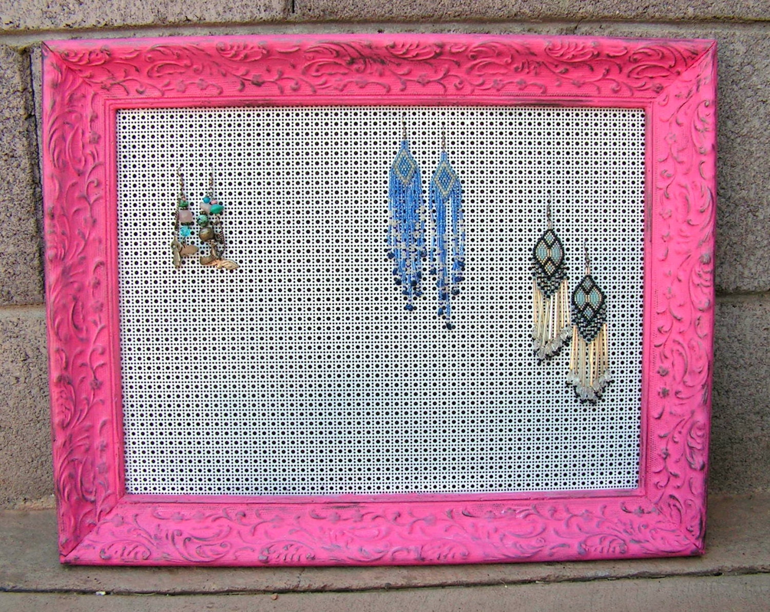 Upcycled Picture Frame EARRING HOLDER Wall Hanging Pink White