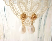 Gold flower and pearl drop earrings, bridal wedding formal dangle teardrop