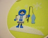 Ice Fishing Eskimo Girl Ready-to-Hang Cross Stitched Wall Art - Hoop Art