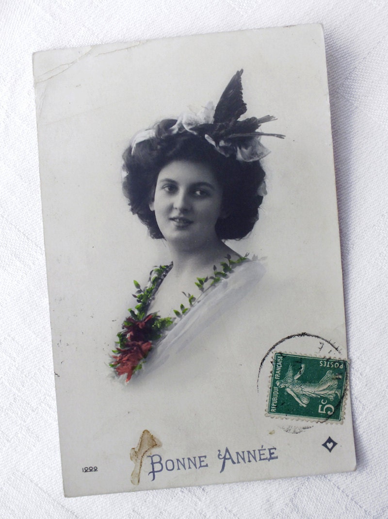 Vintage French Happy New Year Postcard/Home Decor/Collectible Black and White Photography/Recolored French Photography/Bonne Année Card