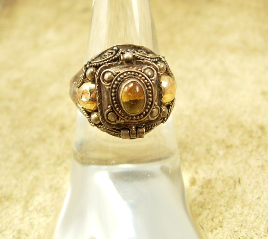 Vintage Sterling Citrine Poison Ring Gold and silver hand wrought size 9 1/2 Cleopatra ring