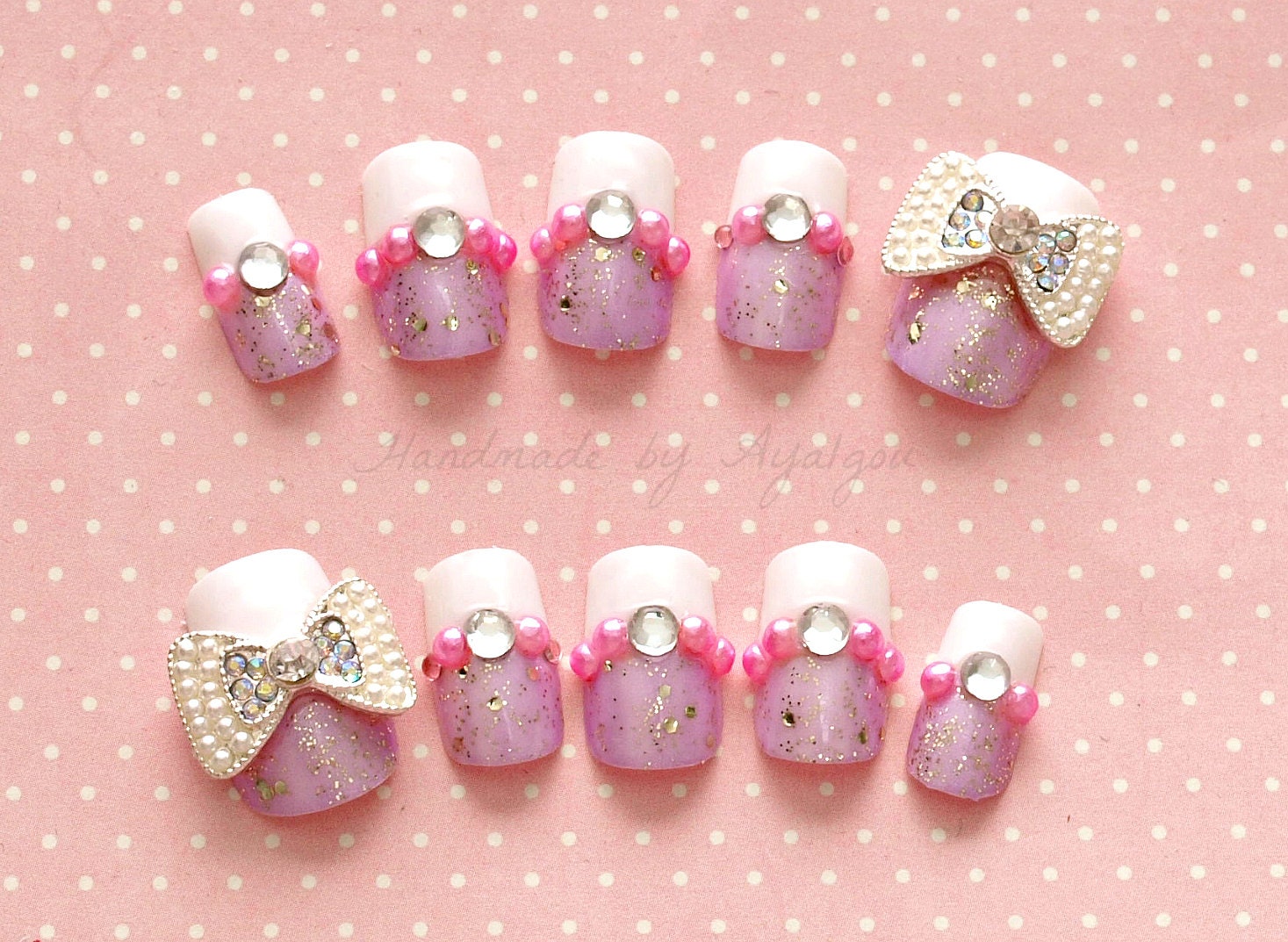 3D nails, deco nails, hime gyaru, bling, glitter, lavender nails, white french tips, pearls and gems