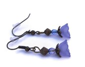 Mother's Day Sale, Purple Flower Earrings, Purple Lucite Bell Flower Earrings with Antique Bronze  Findings