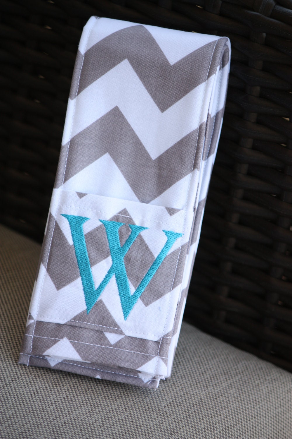 Camera Strap Cover- lens cap pocket and padding included- Monogrammed Grey Chevron