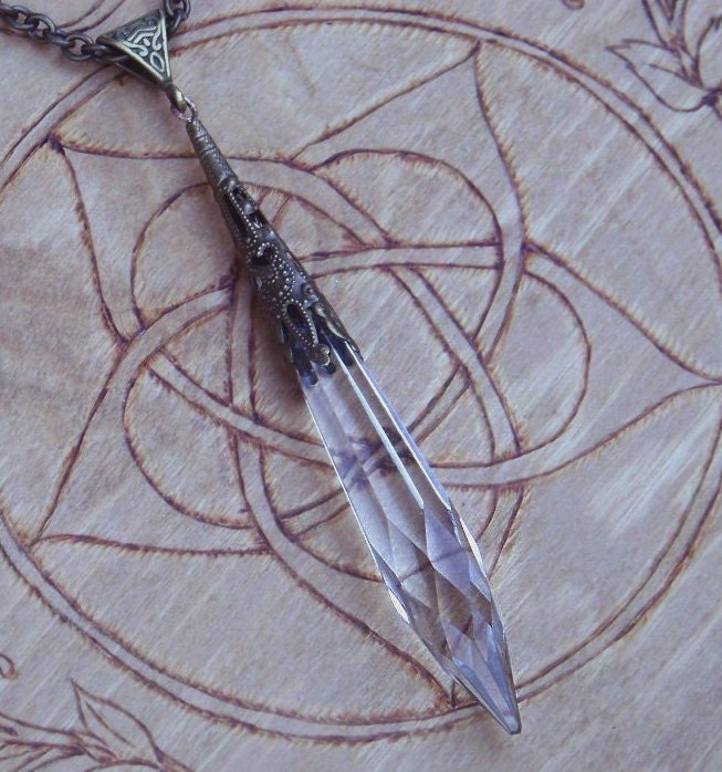CRYSTAL VISIONS Witch's Wand Divination Power Point Pendulum Necklace - Extra Long 3.75" Clear Faceted Crystal, Bronze Filigree Cap, 30"