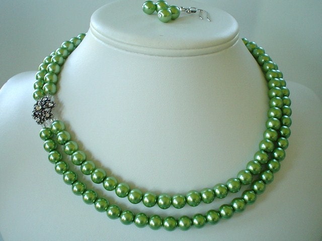 Two Strand Olive Green Pearl with Rhinestone Flower Pendant Beaded Necklace and Earring Set    Great Brides or Bridesmaid Gifts