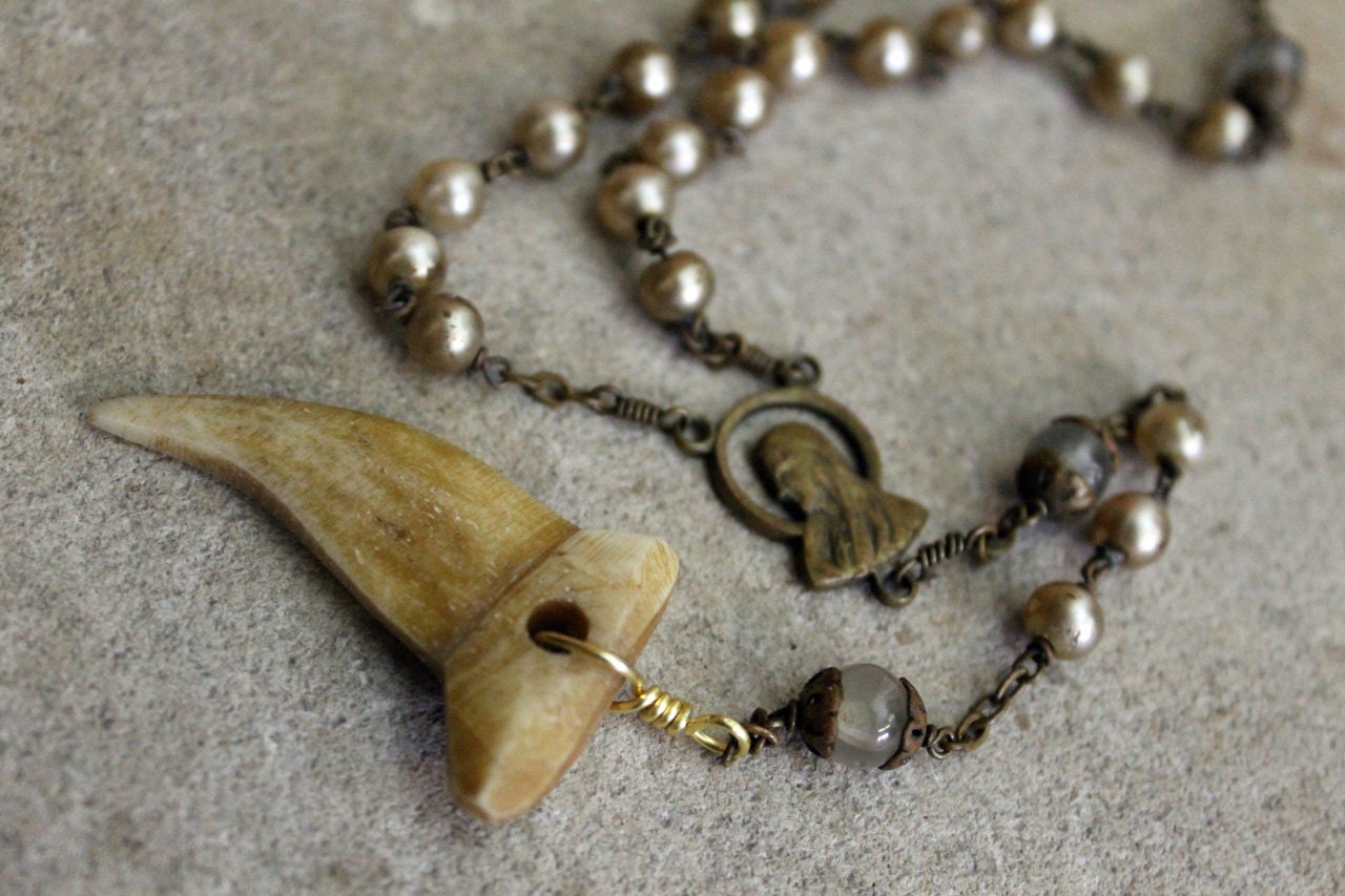 Shark Tooth Recycled Rosary Necklace