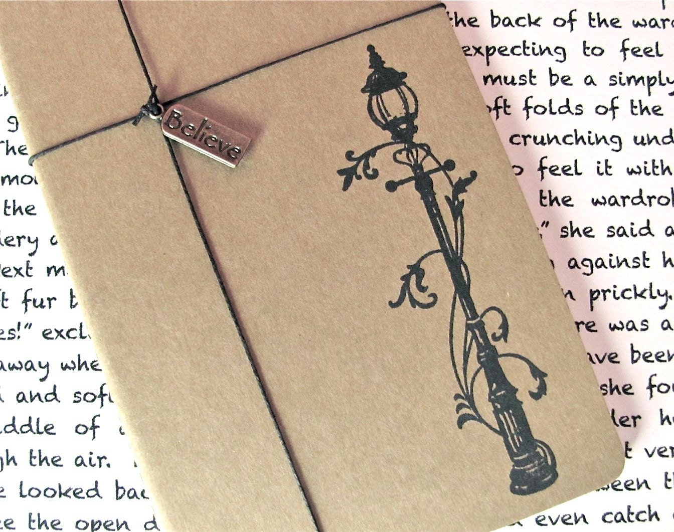 Narnia Lamp-post - Hand Stamped Small Moleskine Notebook with Believe Charm - Design A - BLANK (PLAIN) PAGES