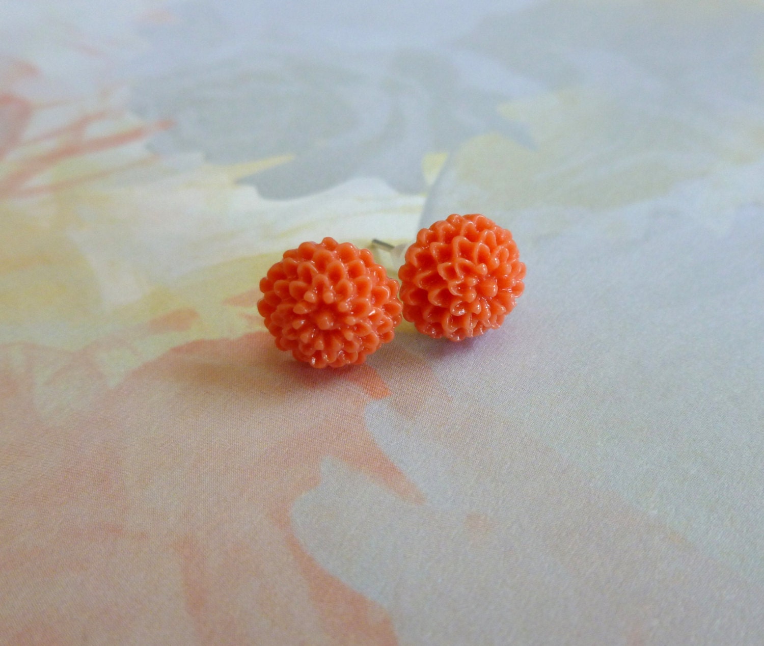 Beautiful Bloom Flower Post Earrings Coral Orange Mini Chrysanthemums