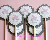 Personalized Pink Dove Christening or Baby Baptism Cupcake Toppers