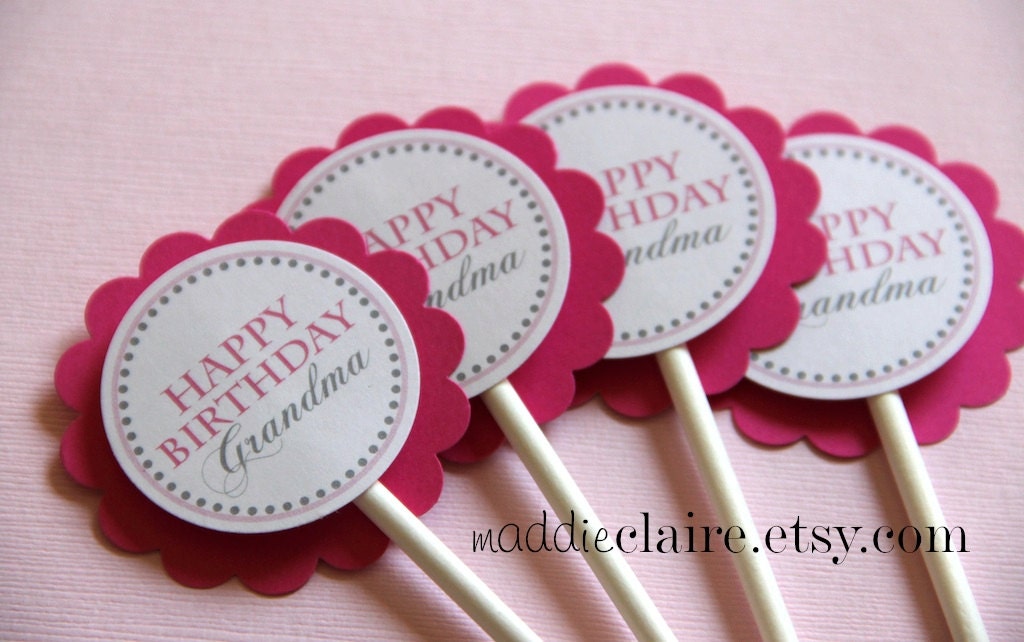 Personalized Hot Pink and Gray Happy Birthday Cupcake Toppers