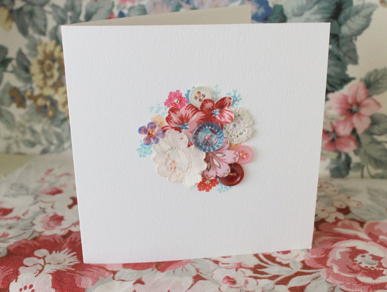 Fabric collaged 'floral arrangement' card - blank. (no.7)