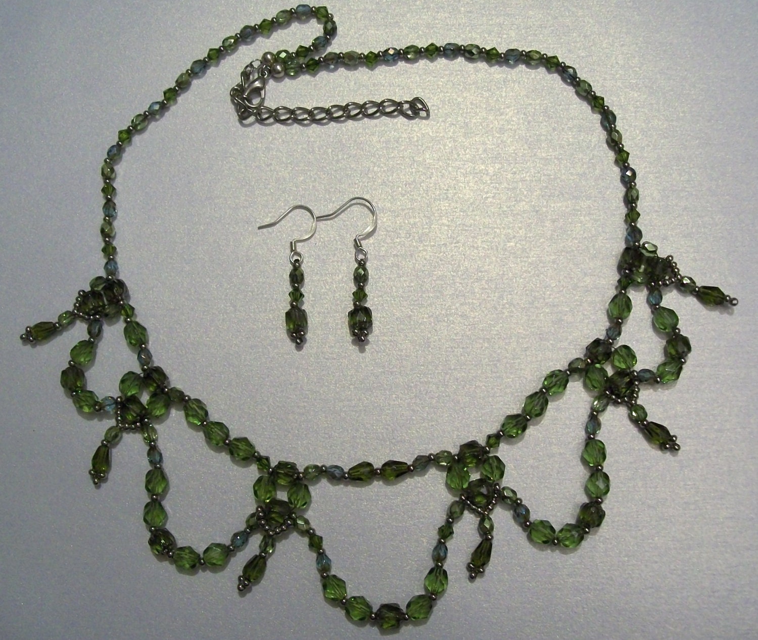 Green and Silver Beaded Necklace and Earrings Set