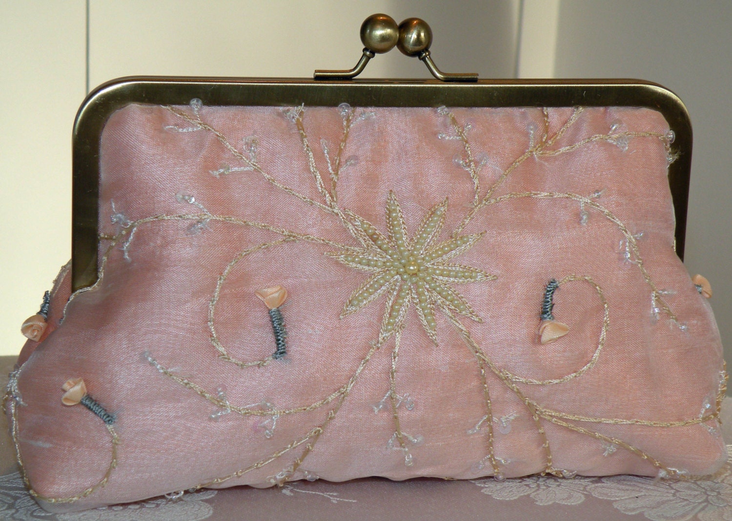 Silk Organza Pearls Clutch/Purse/Bag..Wedding/Garden Party..Hands Free Wrap to match..Blushing Bridal Peach..Free Monogram..Ready To Ship