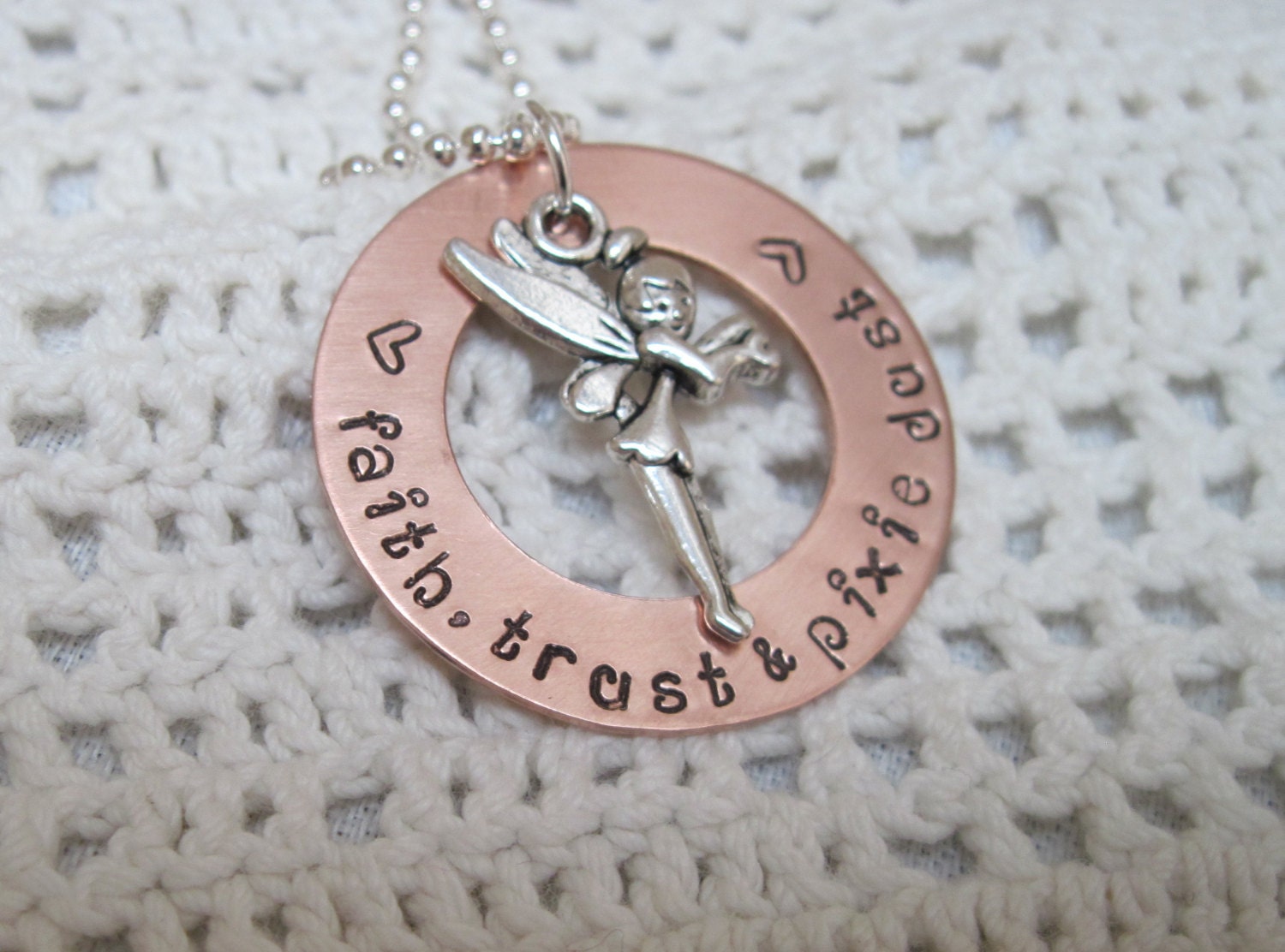 Faith, Trust and Pixie Dust Hand Stamped Copper Washer Necklace with Pixie Charm