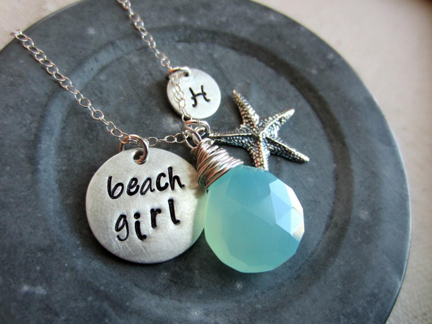 Beach Girl, Personalized Charm Necklace, Sterling Silver Starfish, Peruvian Blue Chalcedony Wire Wrapped Briolette and Initial Charm