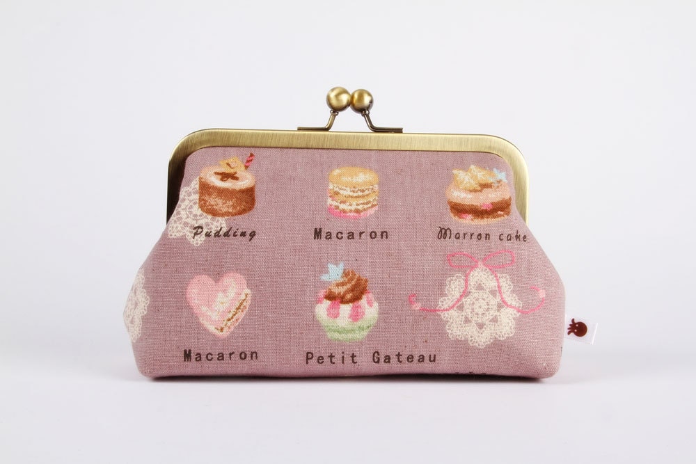 Bag pouch - French pastries on taupe grey - metal frame clutch bag