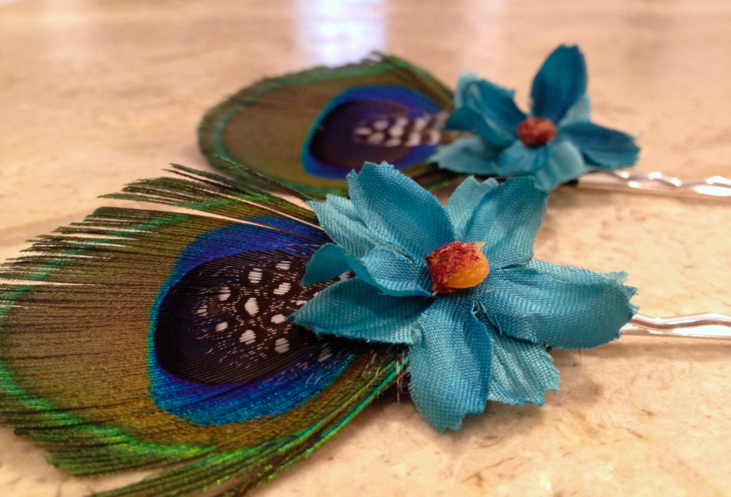 Kimberly Peacock Feather and Blue Flower Bobby Pins