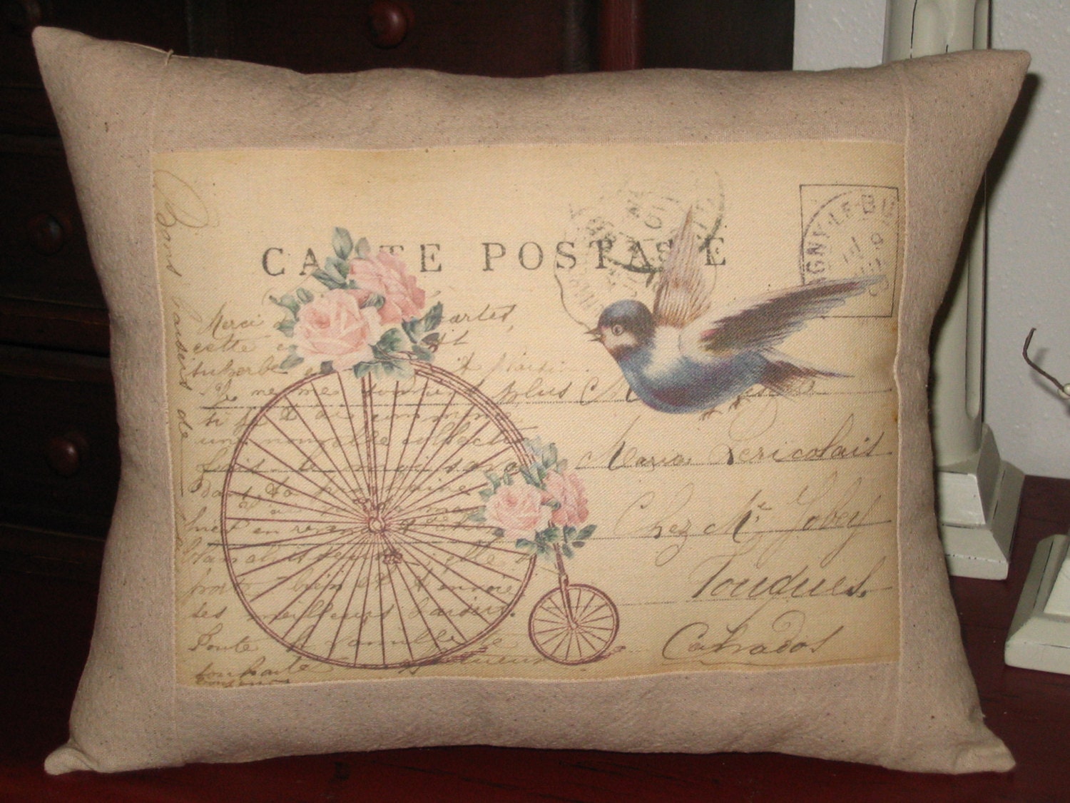 French Carte Postale Bird Pillow with French Script and Vintage Bicycle