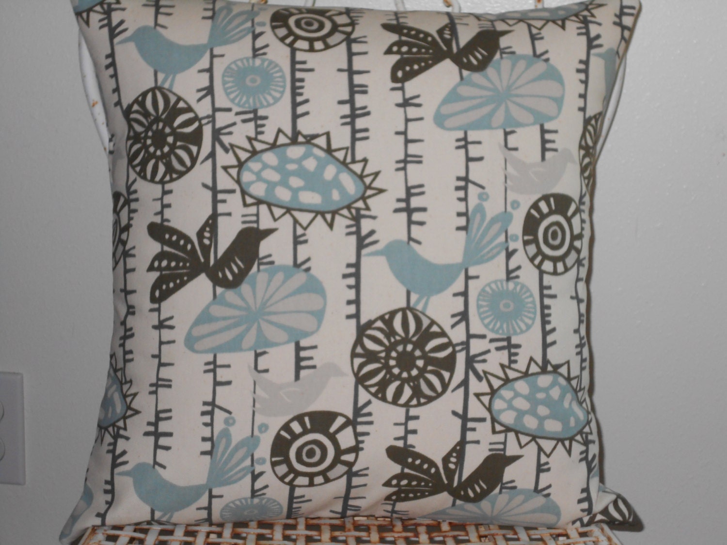 Decorative Pillow Cover in Menagerie Village Blue and Natural 18 X 18 Inch Envelope Style Throw Pillow