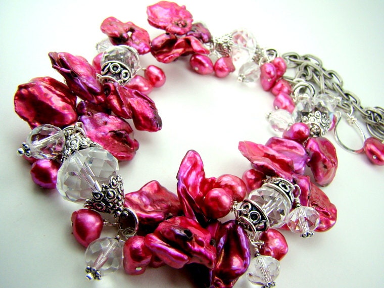 Fushia necklace, chunky pearl necklace, flower pearl statement necklace, deep pink keshi pearls... Peony