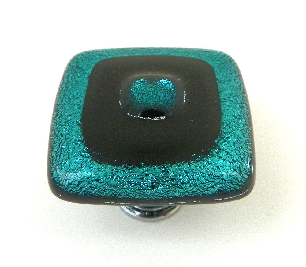 Teal Dichroic with Black Fused Glass Knobs - Custom Cabinet Hardware
