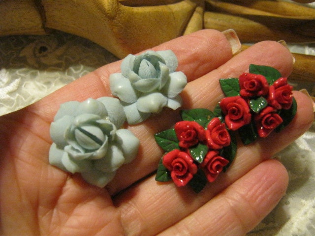 TWO pair flower earrings screwback style red roses pale blue earrings