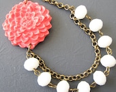 Coral Necklace White Jewelry Flower Necklace Bridesmaid Necklace Bib Statement Necklace Double Strand