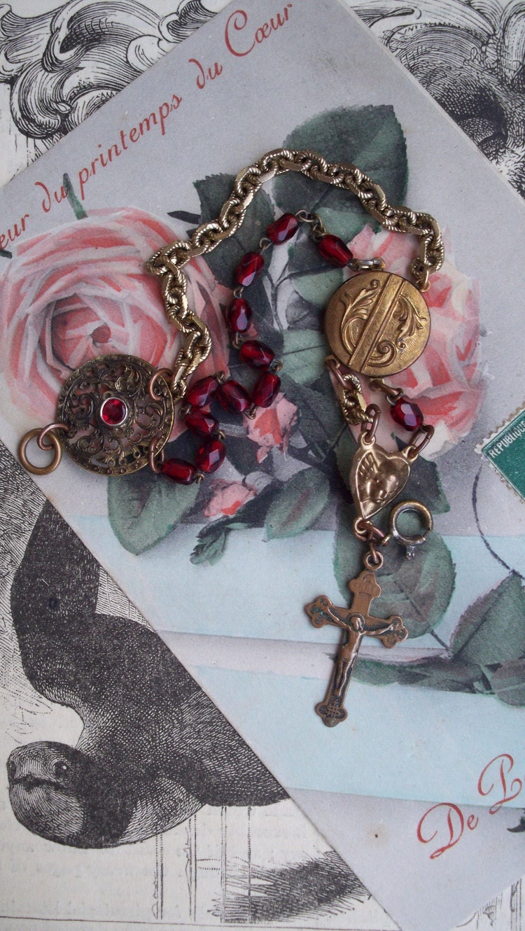 Repentant - Vintage Assemblage Bracelet with Ruby Red glass Rosary Beads