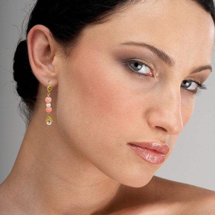 PETALS 18K Gold Pearl Earrings, Coral Earrings, Gold Dangle Earrings, Gold Bridal Earrings, Italian Fine Jewelry