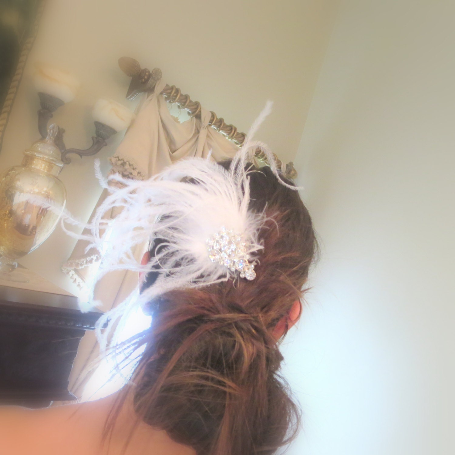 Bridal feather fascinator, wedding headpiece, bridal hair clip, feather hair clip, rhinestone hair clip