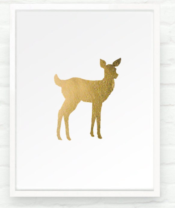 Fawn in Metallic Gold - 8x10 Hand Gilded Baby Deer Silhouette Print - Decor for Kids Room Nursery Boho Chic - prettymod