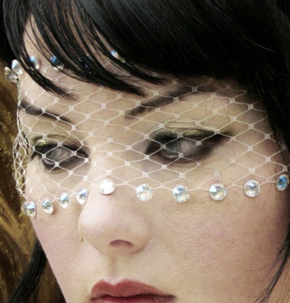 Romantic Ivory Lace Bandeau Mask w/ Swarovski Crystals & French Netting - by Moonshine Baby