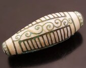 Lampwork Bead Green Scrolls Lines Dot Ivory Abstract Bicone Focal Bead Handmade Glass Heather Behrendt  BHV SRA LETeam