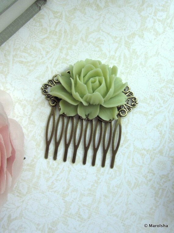 A Soft Green Rose Flower Art Nouveau Antiqued Bronze Filigree Bridesmaid HairComb - Bridesmaid Hair comb. Bridal.