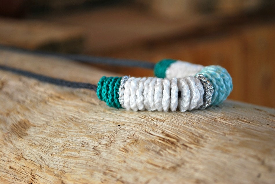 Aqua White and Silver Crochet Necklace on Adjustable Cotton Cord.