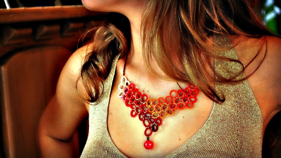 Red and Gold Bib Necklace with 24k Gold Plated Beads. One of a Kind. Cluster. Lace
