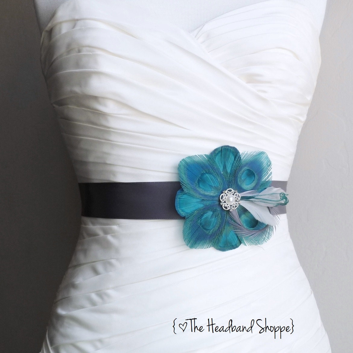 Teal and Grey Bridal Sash - SKYE - Peacock Bridal or Bridesmaids Sash in Teal Blue and Grey - Made to Order