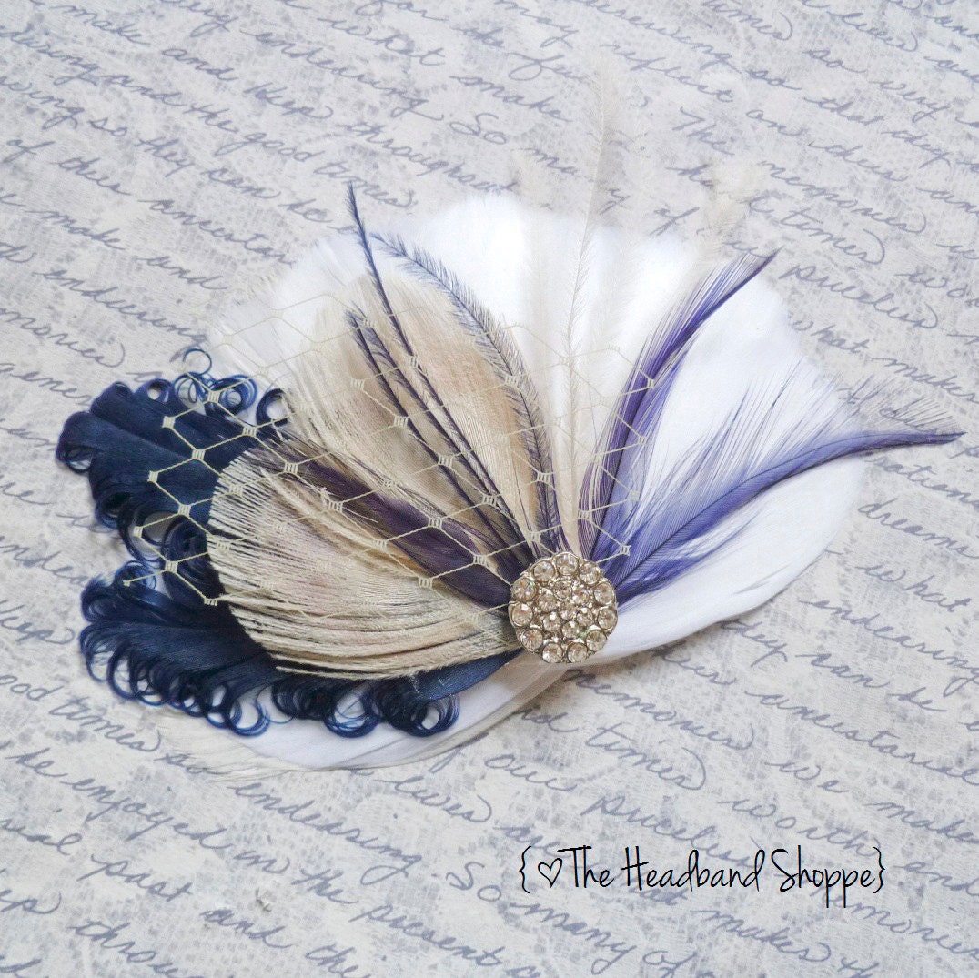 CRYSTAL - Ivory Cream and Navy Blue Bridal Fascinator  - Bridal Feather Clip - Ready to Ship
