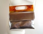 Vintage 1960s Purse Metallic Silver Purse Plastic Handle Clutch