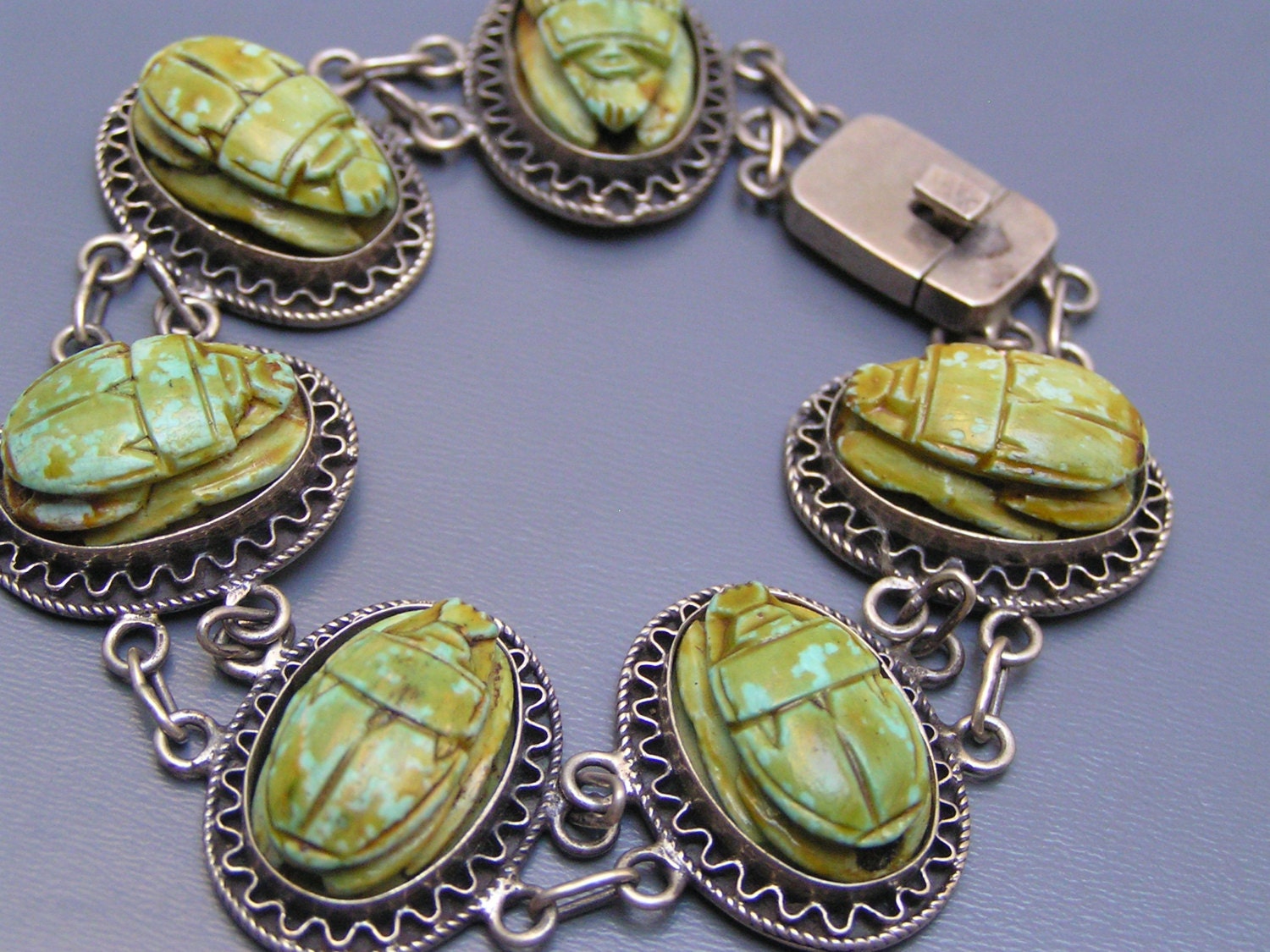 Vintage Art Deco Egyptian Revival  Silver Scarab Bracelet