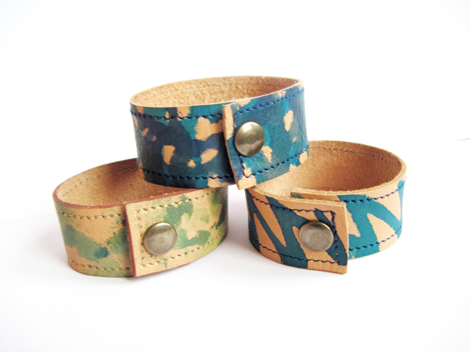 SUPER SALE Hand Painted Leather Cuff Set of 3