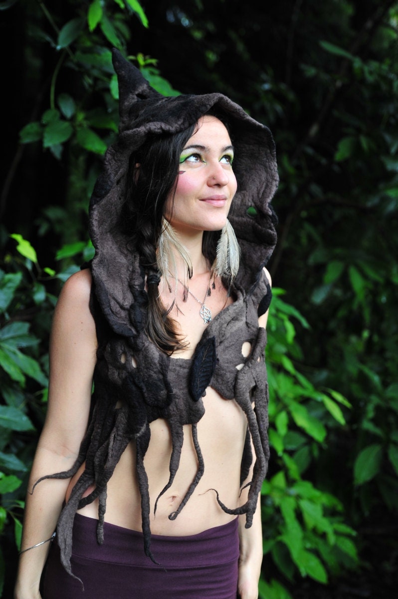 Felt Melted Tree Roots Woodland Nymph Warrior Princess Of The Dark Woods Vest With Pixie Hood OOAK - frixiegirl