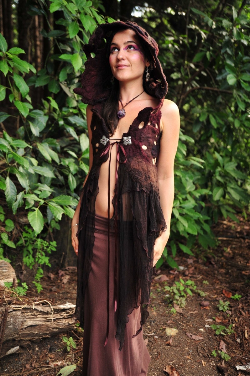 Nuno Felted Melted Silk Chiffon Pixie Hooded Vest Gown OOAK